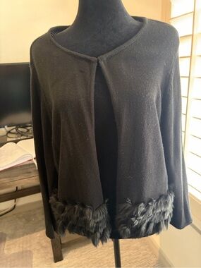Alfani Black Open-Front Sweater Cardigan with Faux Fur Trim